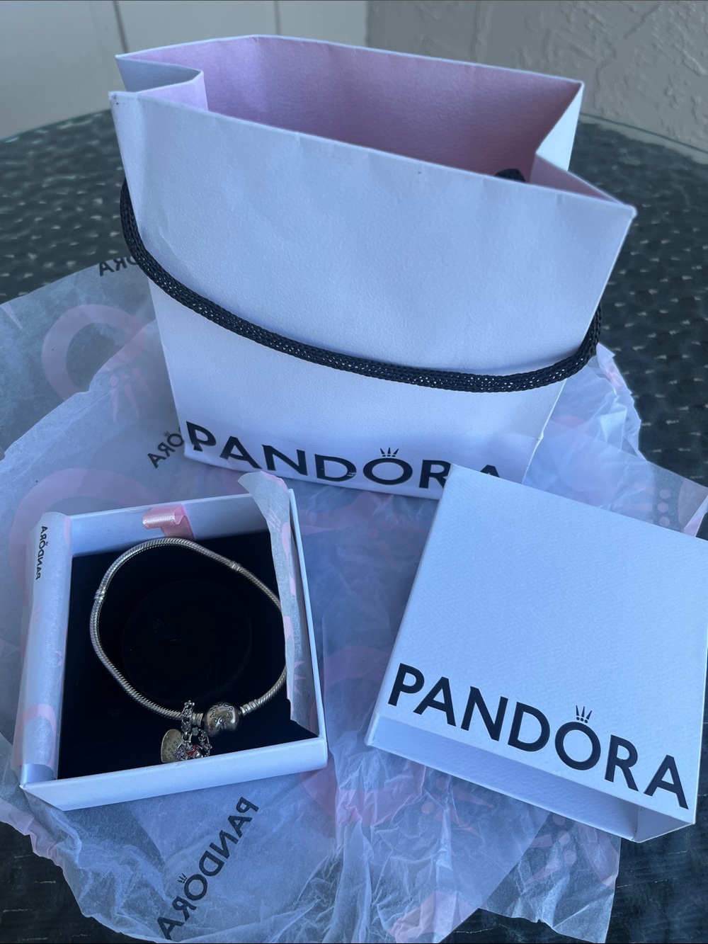 Pandora Silver Snake Chain Bracelet with Heart and Pink Accent Charm